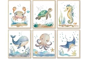 Dazzlewall 6 pcs animaux marins murale aquarelle animaux marins murale enfants Chambre bébé décoration 8x10 poster sans cadre