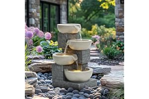 CHARLES BENTLEY 4 Tier Cascading Water Feature, Grey Brick Finish, Self Contained, 50HZ Pump, 220-240V, 10L Capacity, UV & Frost Resistant, 3 Built In LED Lights, 5m Cable (55.5x37x31cm)