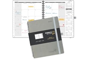 POPRUN Agenda Mensuel 2024 2025 Spirale Scolaire - 18 Mois Planificateur Mensuel De Jan'24 à Juin'25 avec Couverture Souple en PU Cuir, Papier 100 g/m² - 26,5 x 21,5 cm, Gris