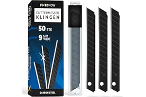 FixedNow 50 x Cuttermesser Klingen 9mm extra scharf aus japanischem Carbonstahl I Abbrechklingen schwarz für Cutter Messer & Bastelmesser I Kattermesser Ersatzklingen, Teppichmesser