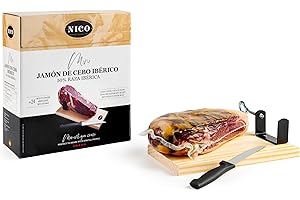NICO JAMONES Pack de JAMON IBERICO Deshuesado. MINI JAMON IBERICO 50% raza ibérica con kit de mini jamonero y cuchillo. Aprox. 1 kg. Curación de más de 24 meses. Auténtica y deliciosa idea de regalo.