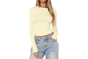 YILEEGOO Women's Slim Fit Crop Tops Casual Solid Color Crew Neck Long Sleeve Tight T-Shirt Basic Blouse Tee Tops