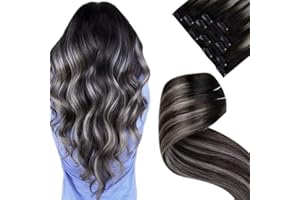 LaaVoo Extensiones De Clip Balayage 12 Pulgadas Clip in Extensiones Pelo Natural Balayage Negro Ombre a Silver #1B/Silver Extensiones Clip Gris Remy 5pcs/70g Extensiones Pelo Natural Clip