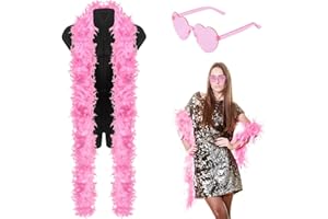 COLEESON Pink Feather Boa, Feather Boa with Heart Rimless Sunglasses, Women Feather Fancy Dress Accessories Party Props, for Crafts Fluffy Feather Bower Carnival, Dancing Wedding Party