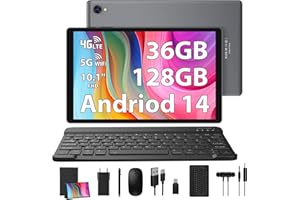 RUSHAR Tablet 10 Pollici Android 14 con 4G LTE e WiFi 5G,36GB RAM + 128GB ROM (1TB TF),Octa-Core 2.0 GHz,8000mAh,Bluetooth 5.0,GPS,8MP + 13MP,Tablet con Tastiera + Mouse + Manica,Grigio