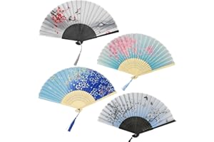 hocadon 4pcs Bamboo Fan Folding Hand Fans Hollowed Handheld Fans Silk Fans Folding Fans for Women, Wedding, Party, Gift, Wall Decoration, Style 2