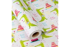Wikadlik Rotolo di carta da regalo, 43 cm x 10 m, motivo coccodrillo metallizzato, motivo torta di compleanno, spessa carta regalo