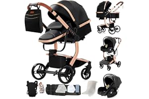 Veitoalioy PU-Leder Kinderwagen 3 in 1, Bequemer Multifunktionaler Kombikinderwagen 3 in 1 Komplettset, Aluminium Hohe Landschaft Babywagen, Faltbarer Kinderwagen Set (L518 Black)