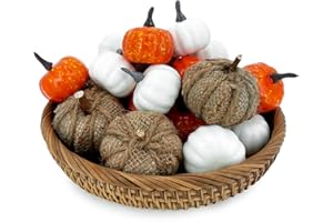 Lorigun Sztuczne dynie, 22 szt., mini sztuczne dynie do żniwa, jesienna dekoracja, Halloween, Święto Dziękczynienia, 6 dyń jutowych + 8 białych dyń + 8 pomarańczowych dyń