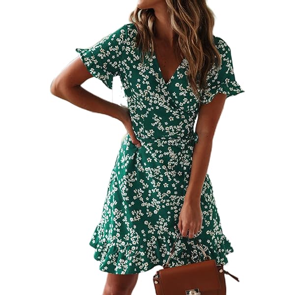 CUPSHE Damesjurk, V-hals, korte mouwen, high low, wikkeljurk, ruches, lange vrijetijdsjurk, zomer, strand, maxi-jurk, groen, M