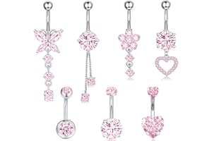 EOAMGO Belly Button Bars, Belly Button Piercing Kit, Surgical Stainless Steel Belly Bars, Long Dangly Belly Button Bars and Short Small Belly Bar, 7 Pcs 16G Floating Navel Piercing Jewelry, Pink