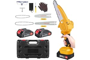 BIAOQINBO Mini Tronconneuse à Batterie, 6 Pouces et 4 Pouces Tronçonneuse Électrique Sans Fil Tronconneuse Portable à une Main Pour La Coupe Du Bois,Les Branches D'arbres L'élagage avec 2 Batteries (Jaune)