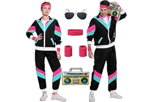 GEPLAIMIR 80er Jahre Kostüm Trainingsanzug Pop Art für Retro Stil Bad Geschmack Party Assi Anzug Proll Anzug Assi Jahre 80er 90er Jahre Outfit Kleidung Accessoires für Damen Herren Jogginganzug Schwarz G045L