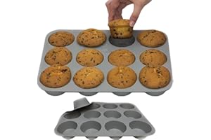 ANIMALUJOS BONDIBUY Molde de Silicona para Magdalenas 12 Cavidades, Bandeja Antiadherente de Silicona para Horno, Molde de Silicona para Cupcakes, Bandeja Muffins Silicona (12 Cavidades, Silicona Gris)
