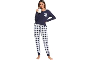 Vlazom Pijama Mujer Invierno Pijamas Mujer de Manga Larga de Dos Piezas con Pantalón a Cuadros S-XXL