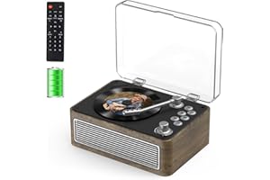 Gueray Lecteur CD Bluetooth Portable avec Haut-Parleurs 3600mAh Rechargeable Vintage pour Maison, Lecteur CD Rétro Bois de Chêne Radio FM avec Télécommande, Prise USB AUX pour Livres Audio