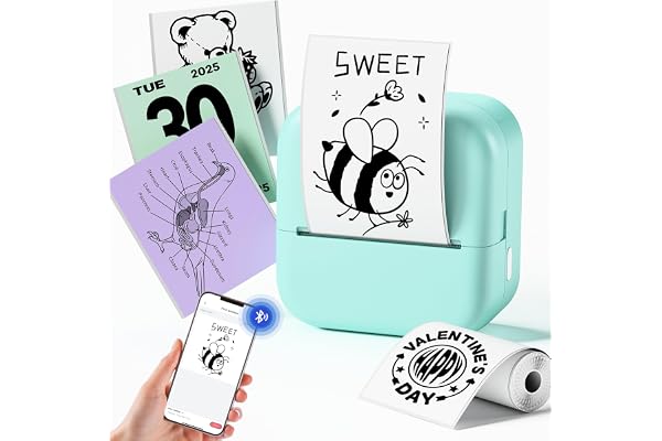 LabelCenter Mini Imprimante Thermique Portable sans Encre – Imprimante de Stickers Bluetooth, Compatible avec iPhone & Android, pour Cadeaux, Carnets, Codes QR, 1 Rouleau Inclus, M02L Grün