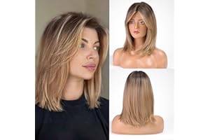‎HAIRCUBE HAIRCUBE Damen Perücke 16 Zoll ombre Hellbraune Perücke Damen Vorhang Pony Frauen Perücken Synthetische Perücke mit Pony Welle Perücke für Täglich und Cosplay