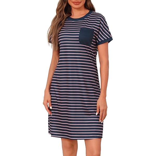 Chemise De Nuit Femme Bresdk - Coton élasthanne - Manches Courtes - Col En V - Pyjama été Confortable