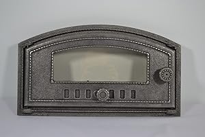 SEZAM Backofentür aus Gusseisen mit hitzebeständiger Glasscheibe, nach links öffnend, Pizzaofentür - Brotofen - Steinofentür, 48,5 x 6,5 x 27,5 cm - halbrund, ohne Bemalung