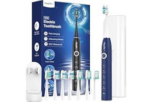 YTEATH PRO Brosse À Dent Électrique Soniques pour Homme avec 8 Têtes – Brosse A Dent Sonique Adulte avec Étui de Voyage, 5 Modes, Étanche IPX7, Brosse A Dent Electrique de Voyage Rechargeable, Bleu Foncé