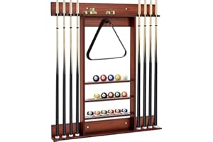 GOPLUS Soporte para Tacos de Billar de Madera de Pino, Soporte para 8 Tacos, 15 Bolas de Billar y Accesorios de Billar, Taquera Billar para Sala de Billar, Bar, Club, Montaje en Pared (Marrón)