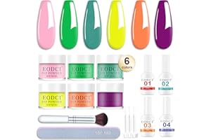 EODCI 12Pcs Kit de Poudre de trempage,6 Couleurs Jaune Vert Pourpre Orange Poudre Dipping Powder Nails Kit avec Base Top Coat,Activateur,Brush Saver, French Nail Manucure Dipping Powder art des ongles