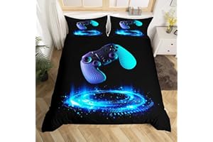 Loussiesd Set di biancheria da letto per bambini e ragazzi, per videogiochi, per ragazzi, ragazzi, adulti, geometrici, per controller di gioco, copriletto, collezione 2 pezzi, singolo, nero, blu