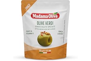 MADAMA OLIVA, Olive Verdi Denocciolate Speziate, Colore Verde Intenso e dal Gusto Caratteristico, 100% Made in Italy, 100% Vegetale, Pratica Busta in Alluminio da 30 gr