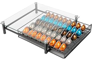 MeelioCafe Soporte para cápsulas K-Cup, Nespresso VertuoLine, Dolce Gusto, 30 – 50 cápsulas, patas antideslizantes, cajón de malla, cápsulas de café, almacenamiento de cápsulas, cristal