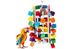 MQUPIN Duże zabawki z ptasimi papugami, kolorowe drewniane klocki o różnych kształtach, 56 cm, naturalne drewniane zabawki dla afrykańskich szarości, amazonek, kakadu i ar