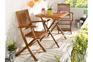 DaMi Balkonset Terassen Set Bistroset FSC Balkonmöbel 2X Klappsessel + 1x Tisch 70x70cm (Natur)