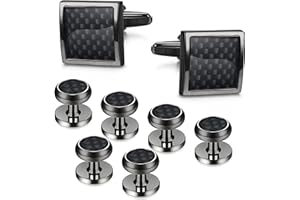 Morfetto 8pcs Mens Carbon Fiber Cufflinks and Shirt Studs Set Tuxedo Shirts Business Wedding Silver Black Tone
