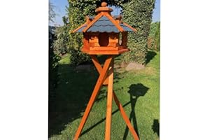 DARLUX handgefertigtes Sechseck Vogelhaus aus Holz wetterfest M - XXL mit und ohne Ständer I Futterhaus I Futterhäuschen I wetterfest I Bitumdach (Größe L mit Ständer, Blau - Braun)