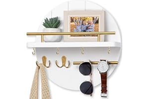 Nekon Key Holder Wall Mount, 11.8 Inch Key Rack with Shelf and 6 Key Hooks, Rustic Key and Mail Organizer, Circular Wooden Key Hanger for Entryway Hallway Kitchen (White&Gold)