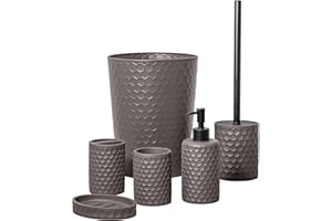 zccz Bathroom Accessory Set, 6 Piece Warm Grey Bathroom Accessories Set with Trash Can, Toothbrush Holder, Toothbrush Cup, Soap Dispenser, Soap Dish, Toilet Brush with Holder, Trash Can