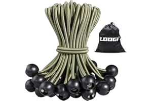 LOOGI Bungee Cord with Balls, 25Pcs 4 Inch Green Bungee Ball Cords, Heavy Duty Tarp Bungees Ties Elastic Tie Down Straps for Tarpaulin Tent Camping Pavilions Flag Marquee