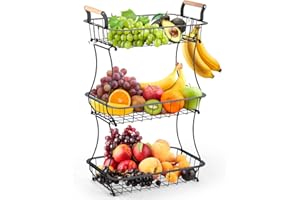 ANNTIM Cesta de Frutas de 3 Niveles, Fruteros de Cocina 3 Pisos, Cesta de Cocina para Frutas y Verduras, Negro Frutero 3 Pisos para Cocinar, Verduras, Aperitivos y Pan, Cesta Frutas y Verduras