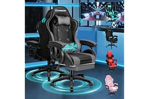 ELFORDSON Gaming Chair with 2-Point Massage Cushion, Computer Chairs for Home Office, Head Pillow High Back 150° Recliner, for Kids Adults, Grey and Black