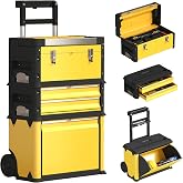 HOMCOM 3 in 1 Stackable Mobile Carving with Wheels Yellow and Black | Tool Box, Steel Tool Cart, with Tray, Telescopic Handle