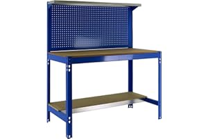 SimonRack Etabli d’Atelier, Capacité de Charge 600 kg, 1445x1510x610 mm, Panneau Perforé avec 1 Étagère, Table de Travail Bricolage, Bleu/Bois - BT3