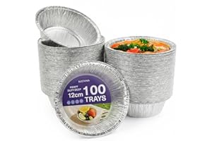 MATANA - 100 okrągłych jednorazowych aluminiowych tacek (pokrywki nie wchodzą w zakres dostawy) - foremki do pieczenia na małe posiłki, turystyka, tarty i quiche - 250 ml / 12 cm - solidne i
