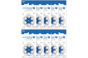 everActive 675-60pcs Baterías para audífonos de Alta Potencia Zinc-Aire Baterías 10 Blister 4 años Vida útil Azul Ultrasonic PR44