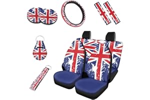 Kuiaobaty Union Jack Flag Car Seat Covers Full Set of 10 Pcs, Blue Universal Auto Interior Protector Accessory Steering Wheel Covers