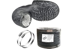 LOOTICH Strong 8 Inch Air Duct 8 FT Long Black PVC Flexible Aluminum Ducting with 2 Stainless Steel Clamps 4 Layer HVAC Ventilation Hose for Grow Tents Dryer Rooms House Vent Register Lines