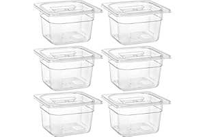 Bekith Paquete de 6 sartenes de policarbonato transparente de tamaño 1/6 con tapas para cocina, restaurante, preparación de alimentos, 4 pulgadas de profundidad