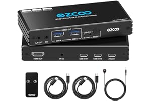 ROFAVEZCO 4K@120Hz USB-C KVM Switch HDMI2.1 2 Laptops with 2 USB 2.0 Ports L/R MIC OUT Share 1 Monitors Keyboard Mouse Hard Drive Printer with PD100W Power Adapter, 2 Type C Cables, IR Remote Control