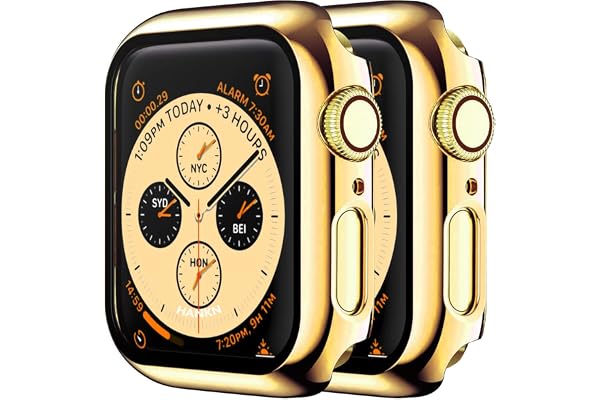 HANKN 2-pack pläterat skärmskydd i härdat glas kompatibel med Apple Watch serien SE 6 5 4 3 2 1, hård PC heltäckande skydd HD klar stötsäker Iwatch-stötfångare (guld + guld, 40 mm)