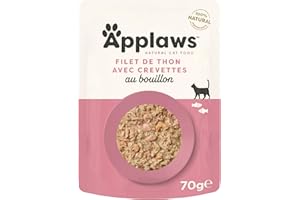 Applaws 100% Sachets naturels pour chats Thon et crevettes du Pacifique en bouillon - 12 sachets de 70 g