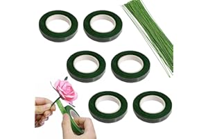 BAOSROY Cinta de Tallo Floral,Cinta Floral,Rollo de Cinta de Tallo Florista,Cinta de Envoltura de Tallo Floral,2 Rollos Verde Cinta de Tallo and 20 Floral Tallos de Flores, Alambre de Tallo (6)
